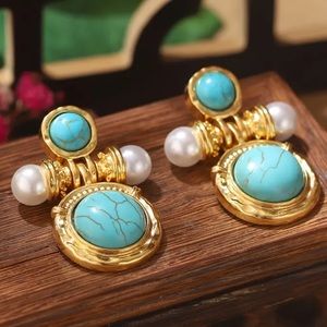 Vintage Bohemian Turquoise Gold Plated Pearl Statement Earrings NWOT